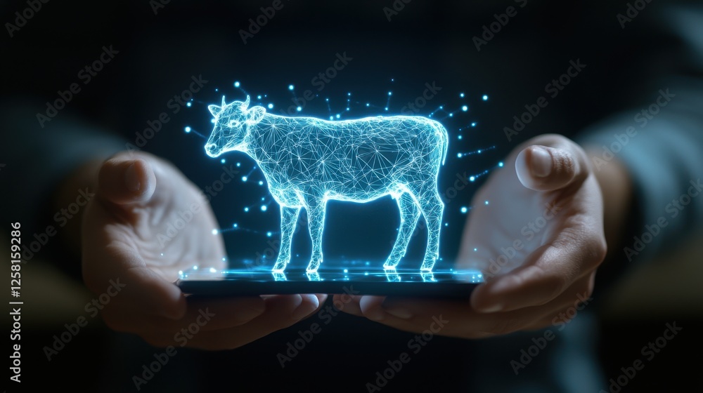 Poster digital representation of cow with technological effects in hands