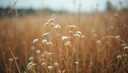 Delicate wildflowers with white blossoms rise above golden grasses under a soft, overcast sky. The tranquil landscape exudes a peaceful and serene atmosphere.