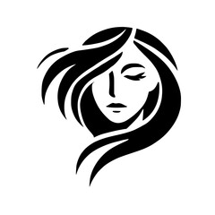 Silhouette of a Woman's Face, Hair Blown in the Wind in a Minimalist, Black and White Style.