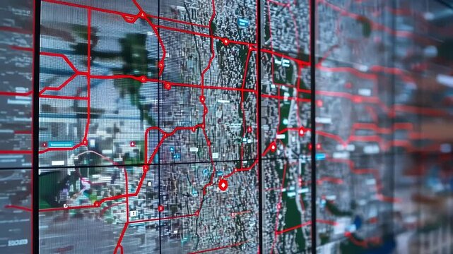 Large screen displaying detailed city map with highlighted routes in a modern control room, suggesting advanced monitoring and urban planning activities