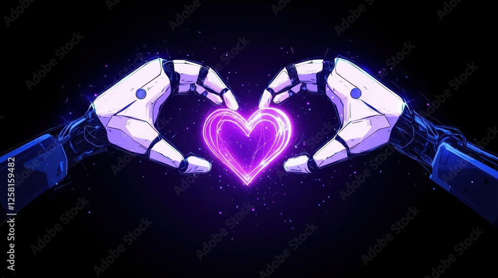 Poster futuristic robot hands creating a heart shape with neon glow effect