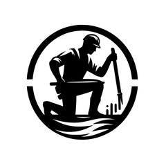 Kneeling Construction Worker, Silhouette, Circle, Hard Hat, Holding Tools, Worker, Black and White, Water, Waves, Work, Construction, Hardhat, Circle,