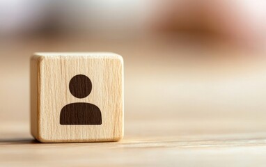 Wooden block with person icon symbolizing individuality, connection, and community in a modern workspace arrangement.