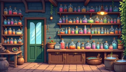 Artisanal Apothecary Colorful Jars in a Serene Cartoon Setting