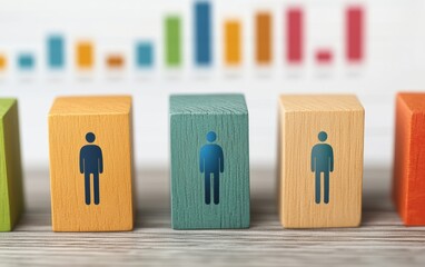 Colorful wooden blocks with human icons, representing diversity and growth in business or teamwork concepts.