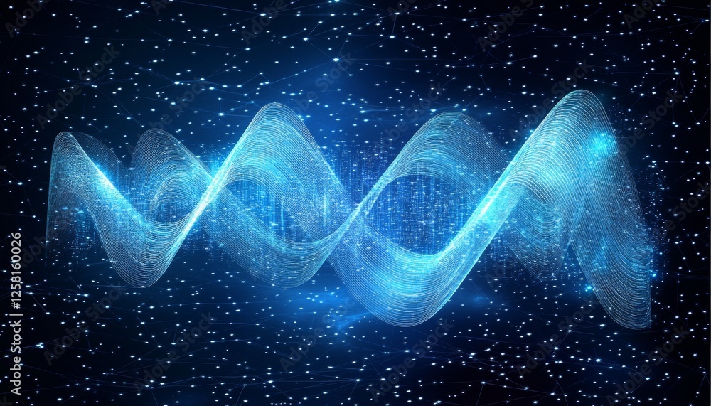 Poster abstract vibrant cyan pulse wave on navy grid, glowing line with smooth lines and sharp detail