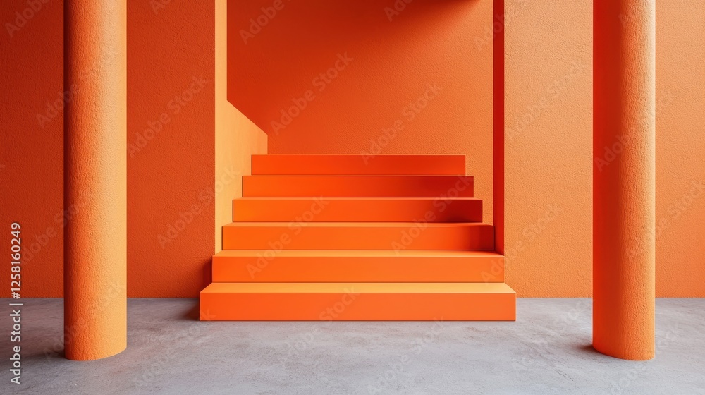 Aufkleber vibrant orange staircase in a modern architectural space with bold columns and minimalistic design e