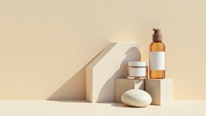 A bottle of lotion sits on a table next to two other bottles. The bottles are arranged on top of three small blocks, creating a visually appealing display. Concept of elegance and sophistication