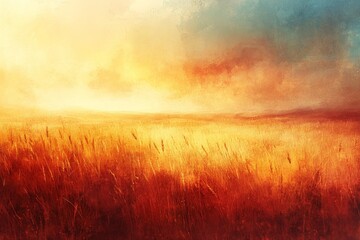 Fototapeta premium Landscape at dusk with golden grasses and colorful sky over a serene horizon