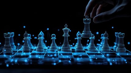 Digital Chessboard with Glowing 3D Chess Pieces and Hand Move