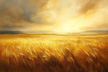 Obraz premium Golden fields under a bright sky during sunset with clouds and distant hills in the background
