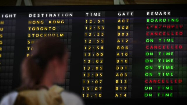 Back view of a young female traveler near the information board at the airport. Flights have been canceled due to bad weather. Flight status has been changed to canceled. 4k footage