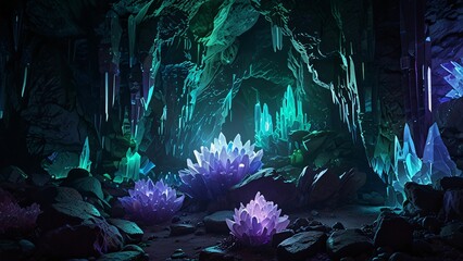 Fototapeta premium Glowing Crystals Illuminating a Mystical Underground Cave Scene