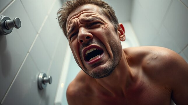 Man in bathroom experiencing intense pain during urination, showing prostatitis symptoms