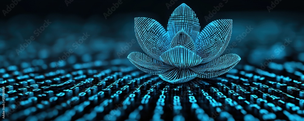 Poster effects impact perspective concept. digital lotus flower amidst a sea of binary code.