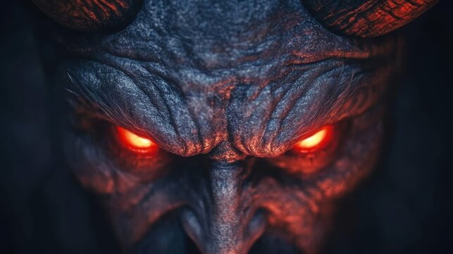 Closeup of a devil s face, glowing eyes, and sharp horns, half obscured by shadow, capturing evil and intensity