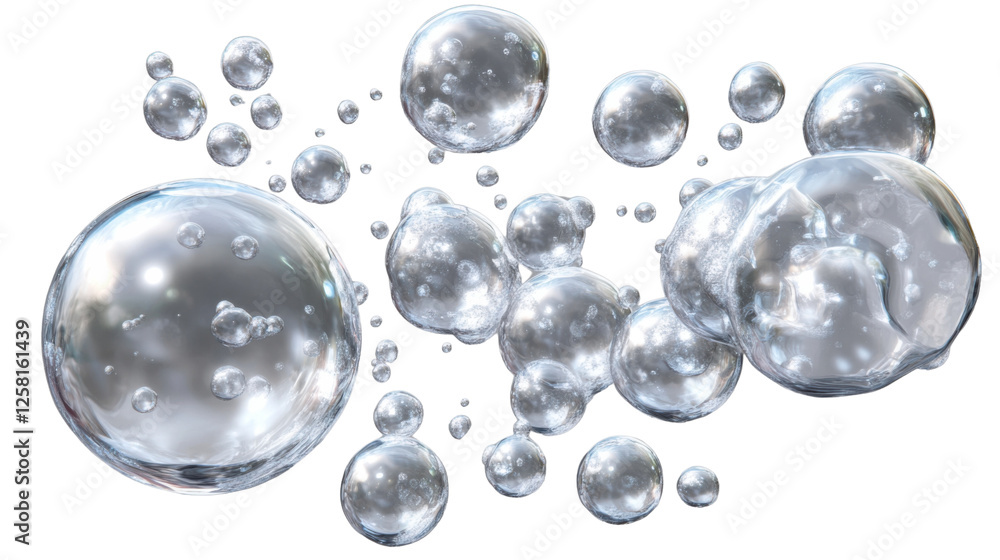 Poster realistic soap bubbles floating on transparent background