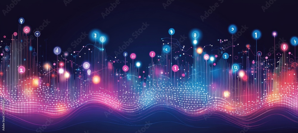 Poster abstract data visualization with glowing lines and digital icons, technology and big data concept