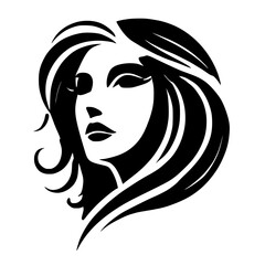 Elegant minimalist black and white portrait of a woman with flowing hair, modern, graphic.