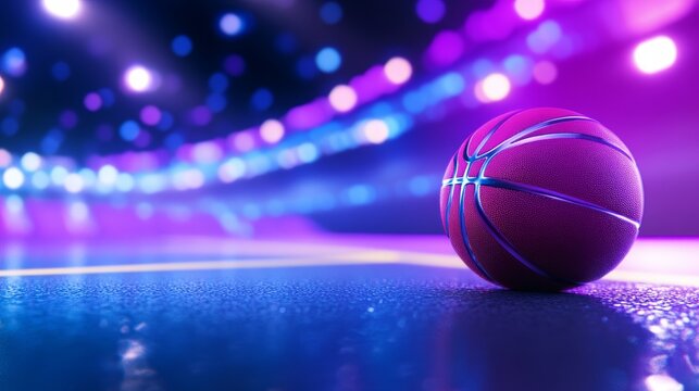 Basketball on Court Under Stadium Lights - Pink basketball on a wet court under vibrant purple and blue stadium lights. Ready for game time
