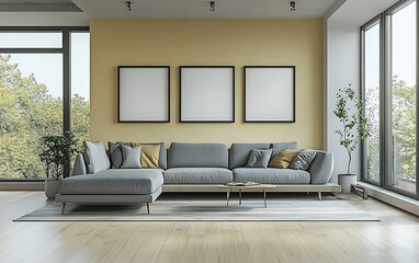 Modern living room, gray sectional sofa, yellow wall, large windows, city view, home decor mockup