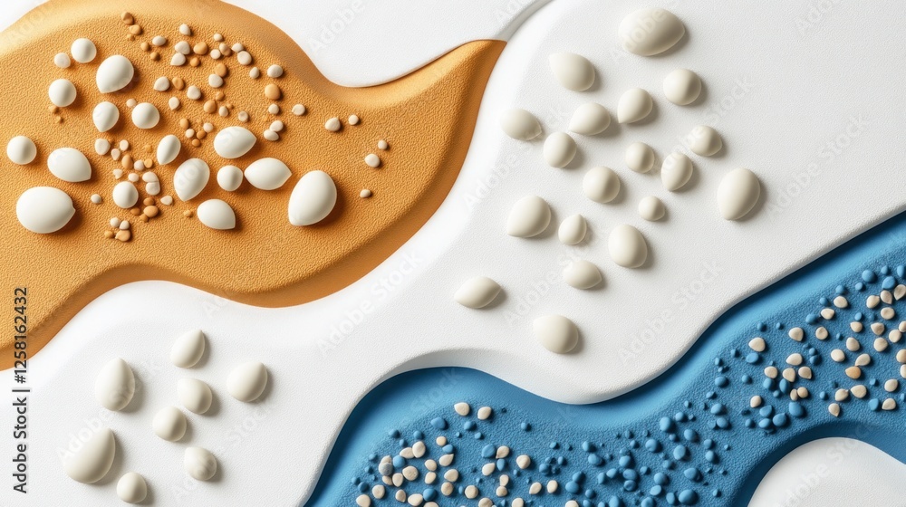 Poster abstract 3d render: fluid forms and textured pebbles in earthy tones