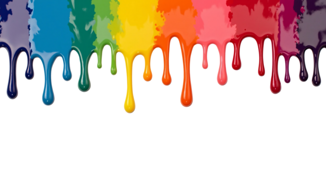 Rainbow paint drips on a transparent background with colorful dripping colors