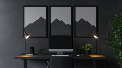 Fototapeta premium Modern Minimalistic Office Setup with Mountain Art and Greenery