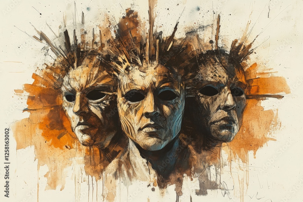 Aufkleber intricate artwork depicting three faces with abstract features and striking patterns in a blended co