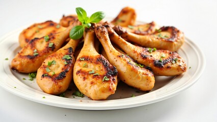 Grilled Chicken Drumsticks with Fresh Basil Garnish on White Plate