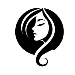 Black and white minimalist illustration of a woman's face in profile, hair within circle, modern design.