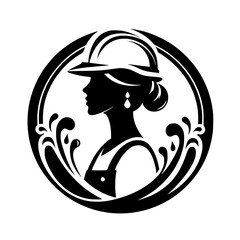 Silhouette of a woman wearing a hardhat in a circular frame, black and white.