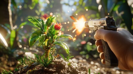 Hand Holding Gun Pointing at Flower in Lush Green Jungle Setting