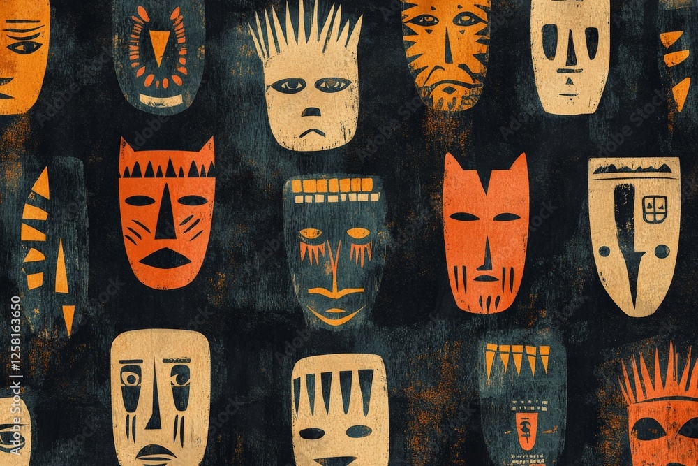 Poster unique collection of colorful tribal masks on a dark background showcasing artistic expression and c