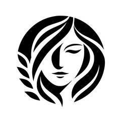 Black and white minimalist portrait of a woman with flowing hair and a wheat stalk in a circle.