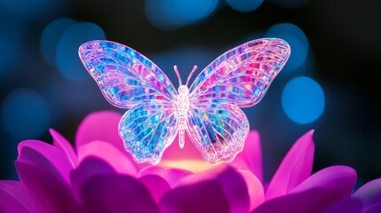 Luminous Butterfly on Blossom - A vibrant iridescent butterfly rests gently on a glowing pink flower, set against a dark background with blurred blue lights
