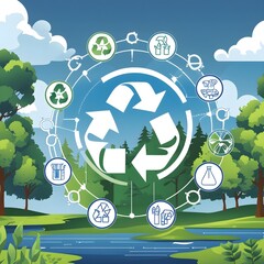 
A futuristic circular economy symbol with arrows and eco-friendly icons, placed on a vibrant nature background with fresh green leaves and sunlight. The image conveys the concept of sustainability, 
