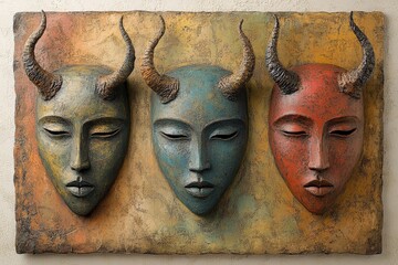 Unique wall art displaying three horned masks in vibrant colors, featuring distinct expressions and...