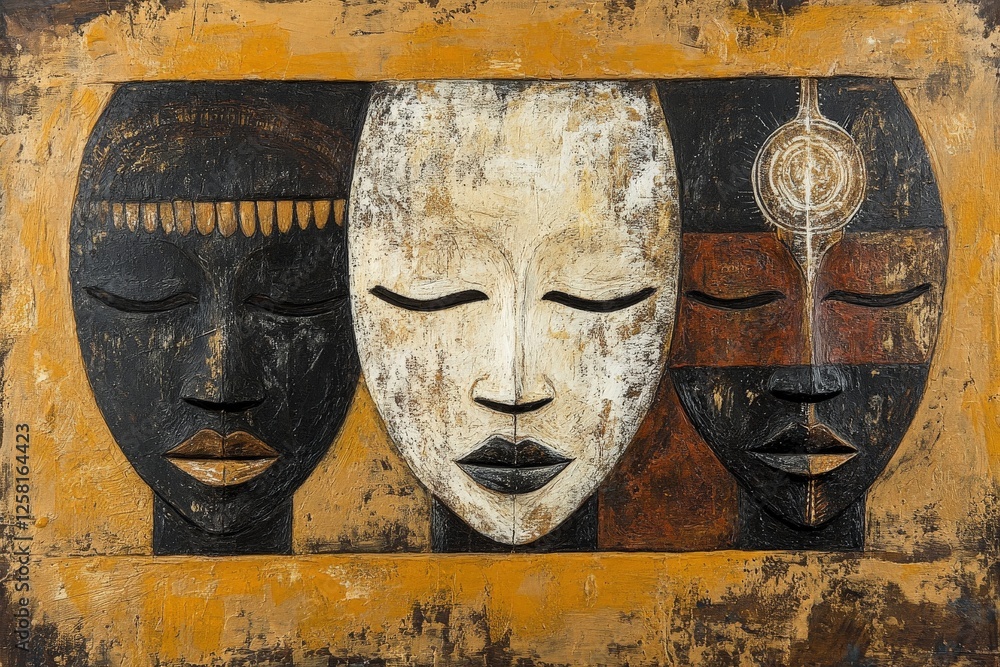 Poster three abstract faces in harmonious colors depict unity and diversity in cultural expression