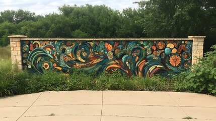Outdoor Mosaic Mural Artwork Featuring Intricate Patterns and Vibrant Color Palette on Stone Wall