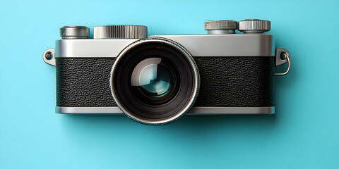 Vintage Silver and Black Film Camera Positioned on a Bright Turquoise Background Highlighting Classic Photography Equipment and Bold Design Elements