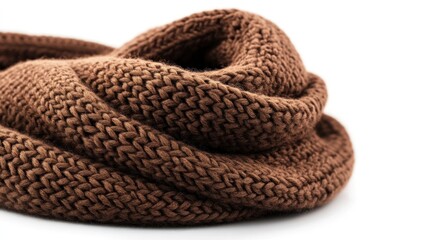 Brown knitted scarf, soft texture, winter clothing, white background, fashion