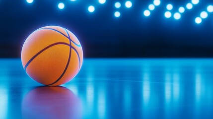 Fototapeta premium Basketball on Blue Court - Close-up of a single basketball resting on a polished blue court under bright lights