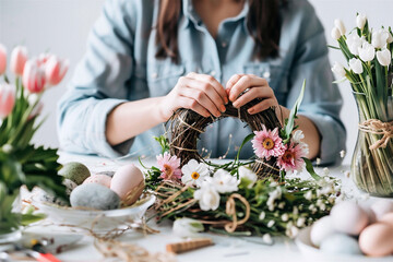 Woman's hands holding a wreath with vibrant eggs and spring flowers. Easter home decor and wreath-making workshops concept.