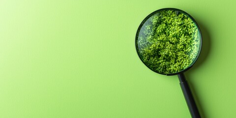 effects impact perspective concept. Magnifying glass focusing on green texture against a bright background.
