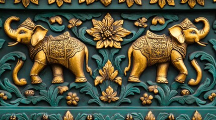Fototapeta premium Colorful decorative panel featuring golden elephants, intricate carvings, vibrant patterns, theme of cultural artistry, suitable for print.