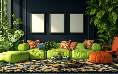 Modern living room, lime sofa, tropical plants, dark walls, sunlight
