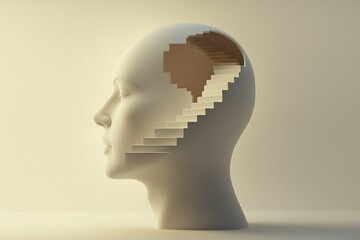 A three dimensional human head sculpture with an internal staircase, representing knowledge acquisition, mental expansion, and self discovery