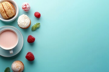 Delicious pastries and pink milk tea creating a delightful breakfast scene on turquoise background