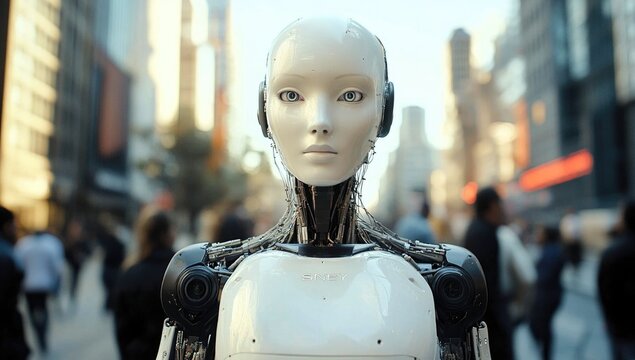 Futuristic humanoid robot stands amidst a busy city street, showcasing advanced machine integration while pedestrians engage in daily activities under the bright urban lights